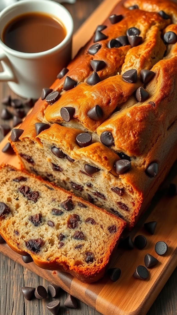 Sliced chocolate chip banana bread on a wooden board, showcasing its moist texture and chocolate chips.